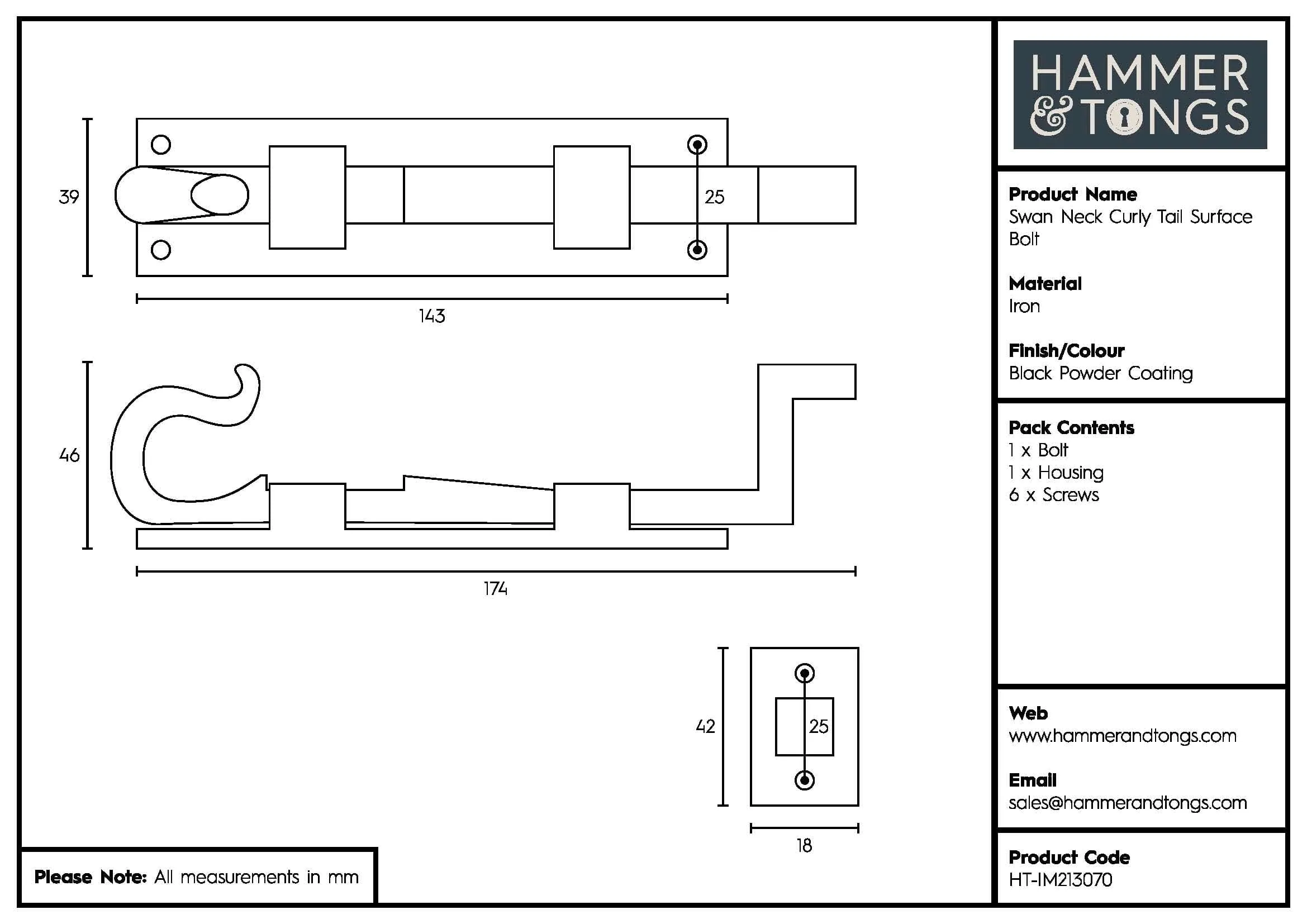 145mm Black Cranked Shepherd's Crook Bolt - By Hammer & Tongs