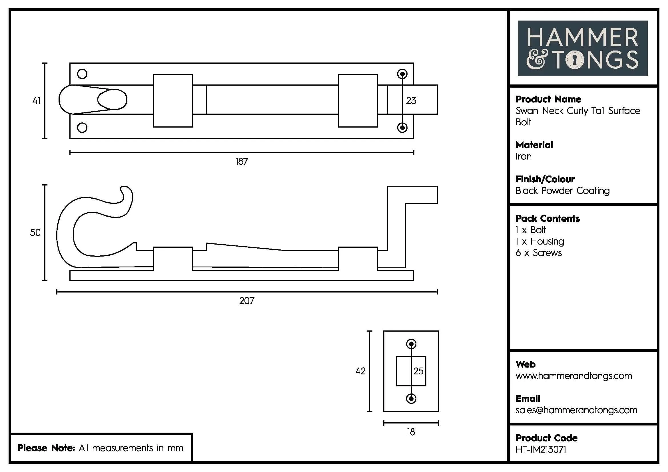 185mm Black Cranked Shepherd's Crook Bolt - By Hammer & Tongs