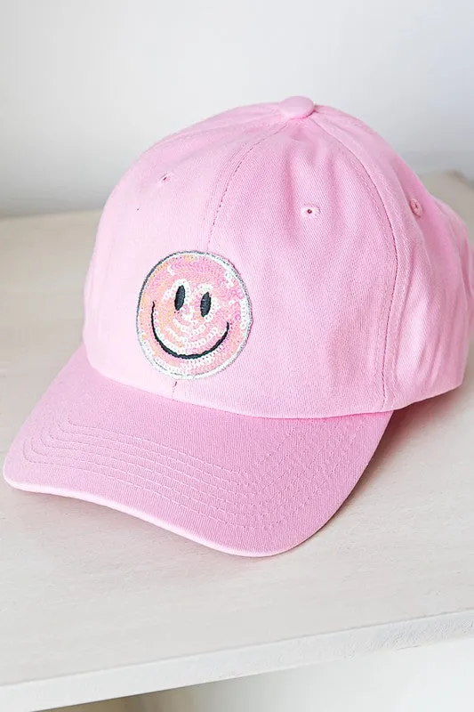 Baseball Cap with Sequin Smiley Face Patch