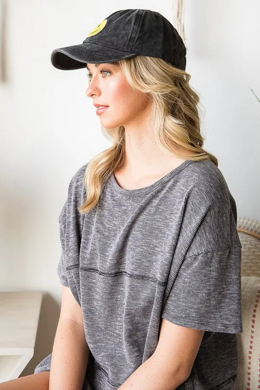 Baseball Cap with Sequin Smiley Face Patch