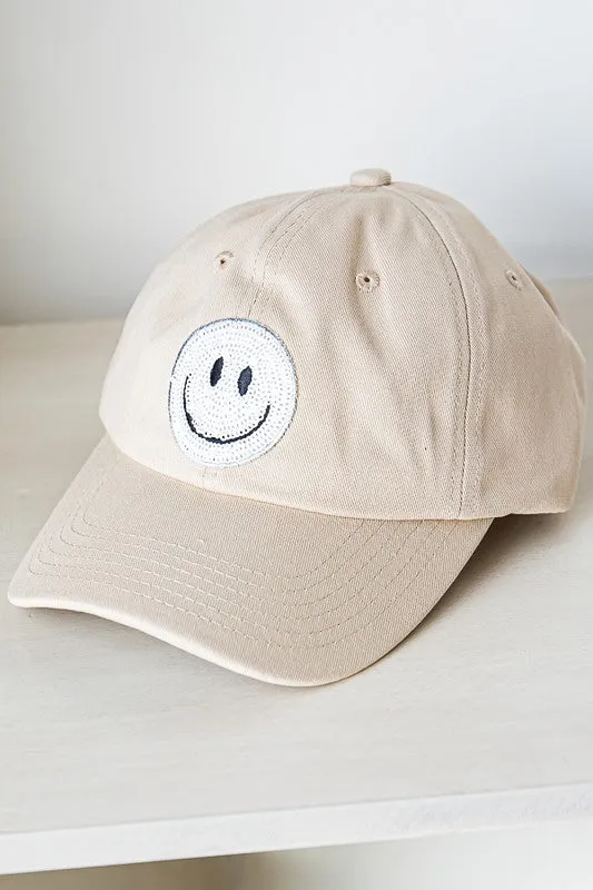 Baseball Cap with Sequin Smiley Face Patch