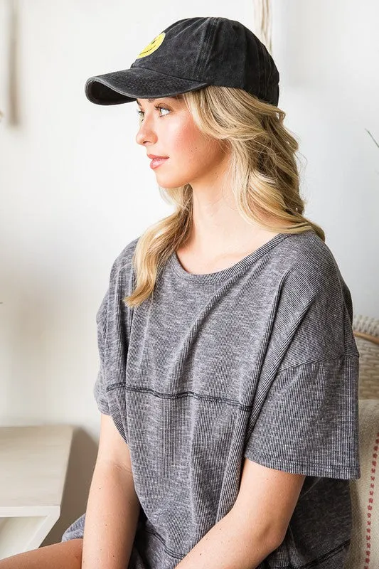 Baseball Cap with Sequin Smiley Face Patch