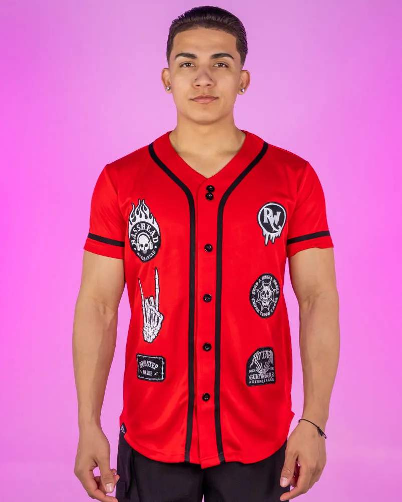 Basshead On Fire Patch Red Baseball Jersey