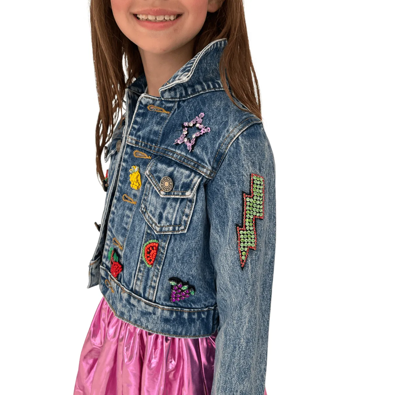 Beaded Crystal Fruit Crop Denim Jacket