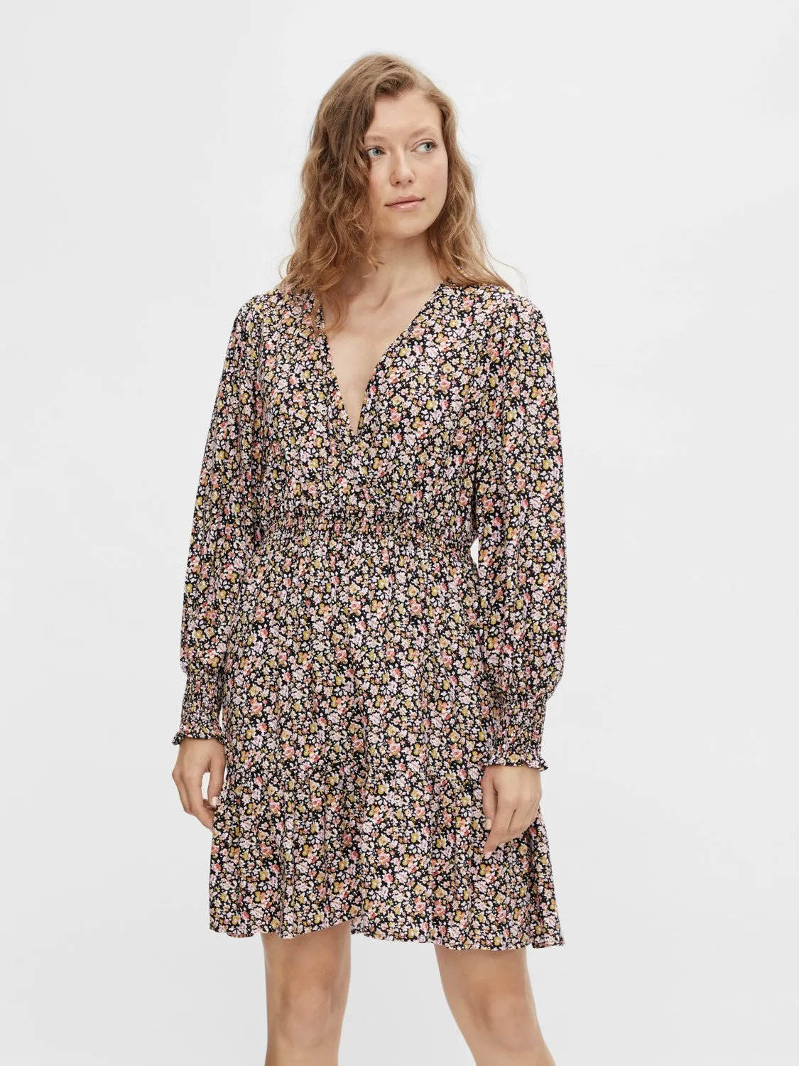 Beth Faux Wrap Dress (Black Floral)