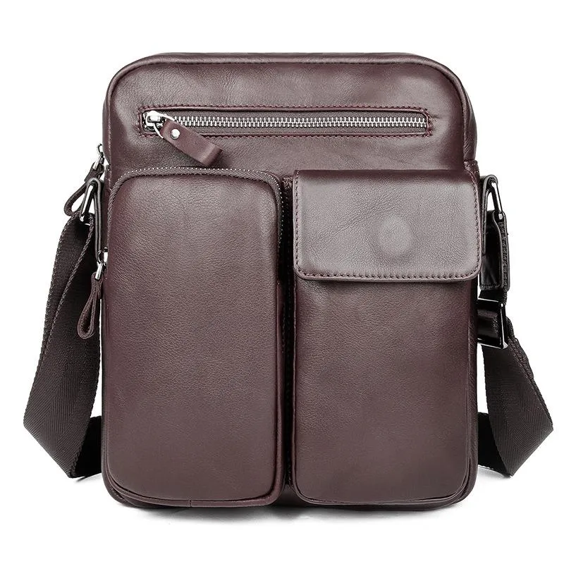 Black Cool Leather Large Zipper Messenger Bag Vertical Brown Side Bag For Men