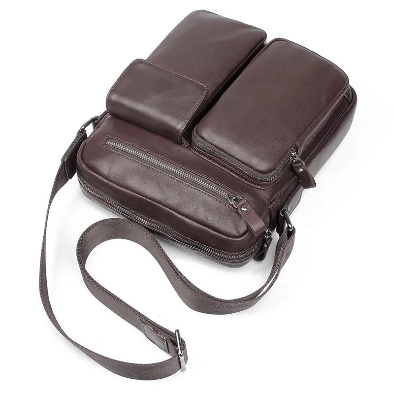 Black Cool Leather Large Zipper Messenger Bag Vertical Brown Side Bag For Men