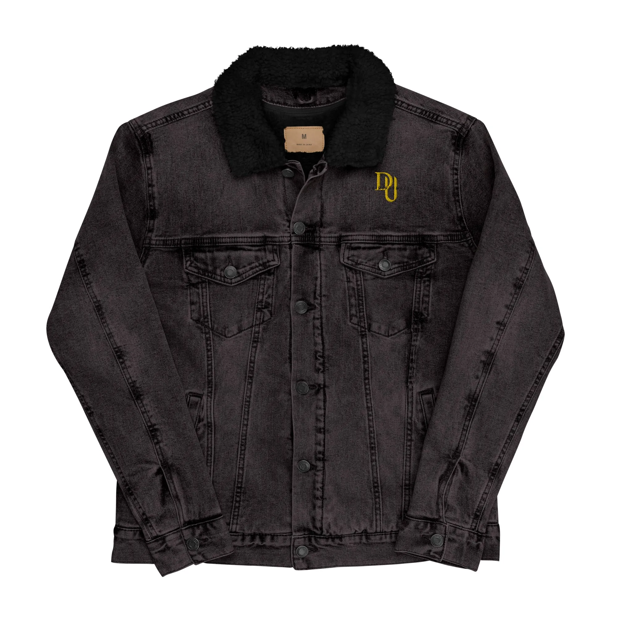 Black denim sherpa jacket- Embroidered "I Beat it" Print