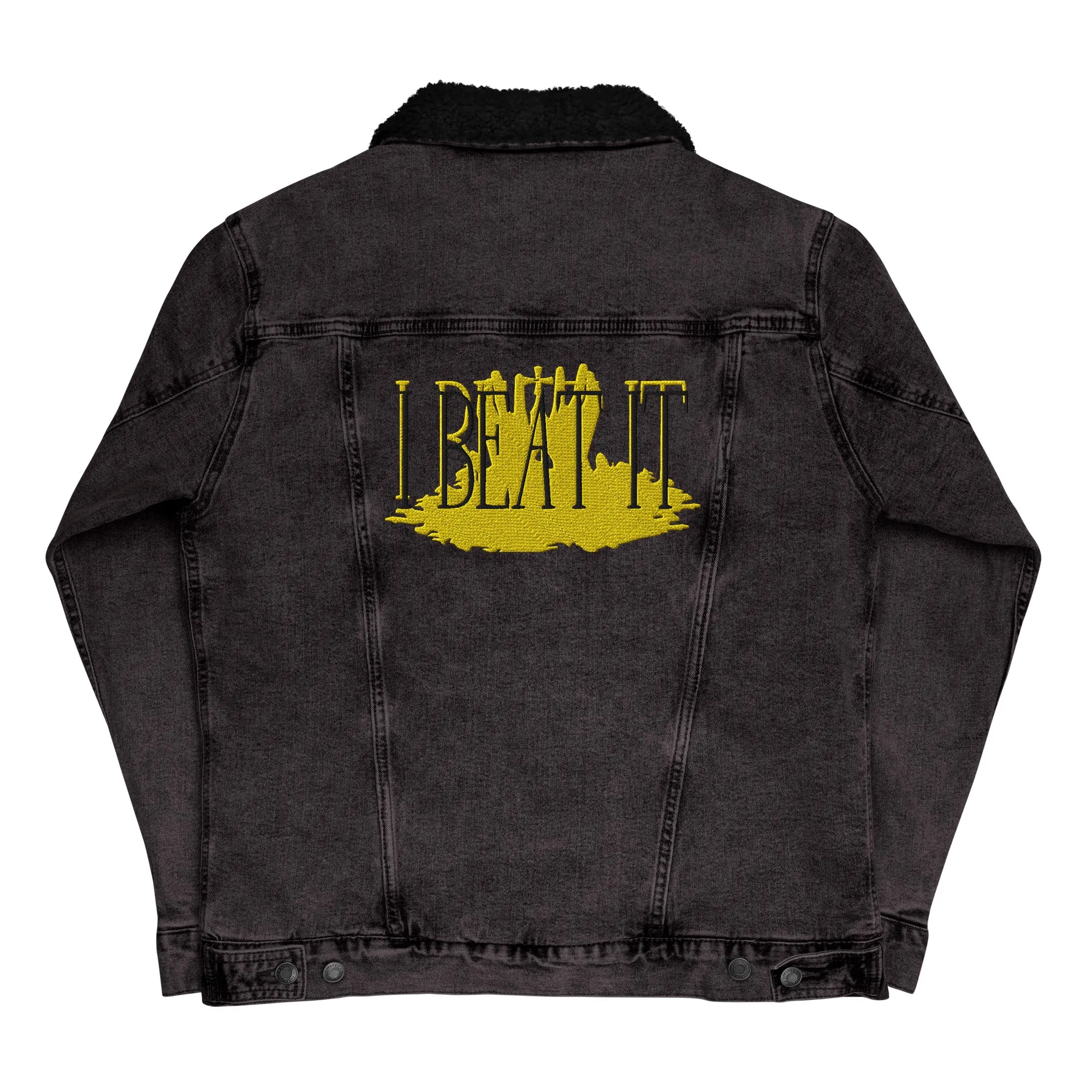 Black denim sherpa jacket- Embroidered "I Beat it" Print