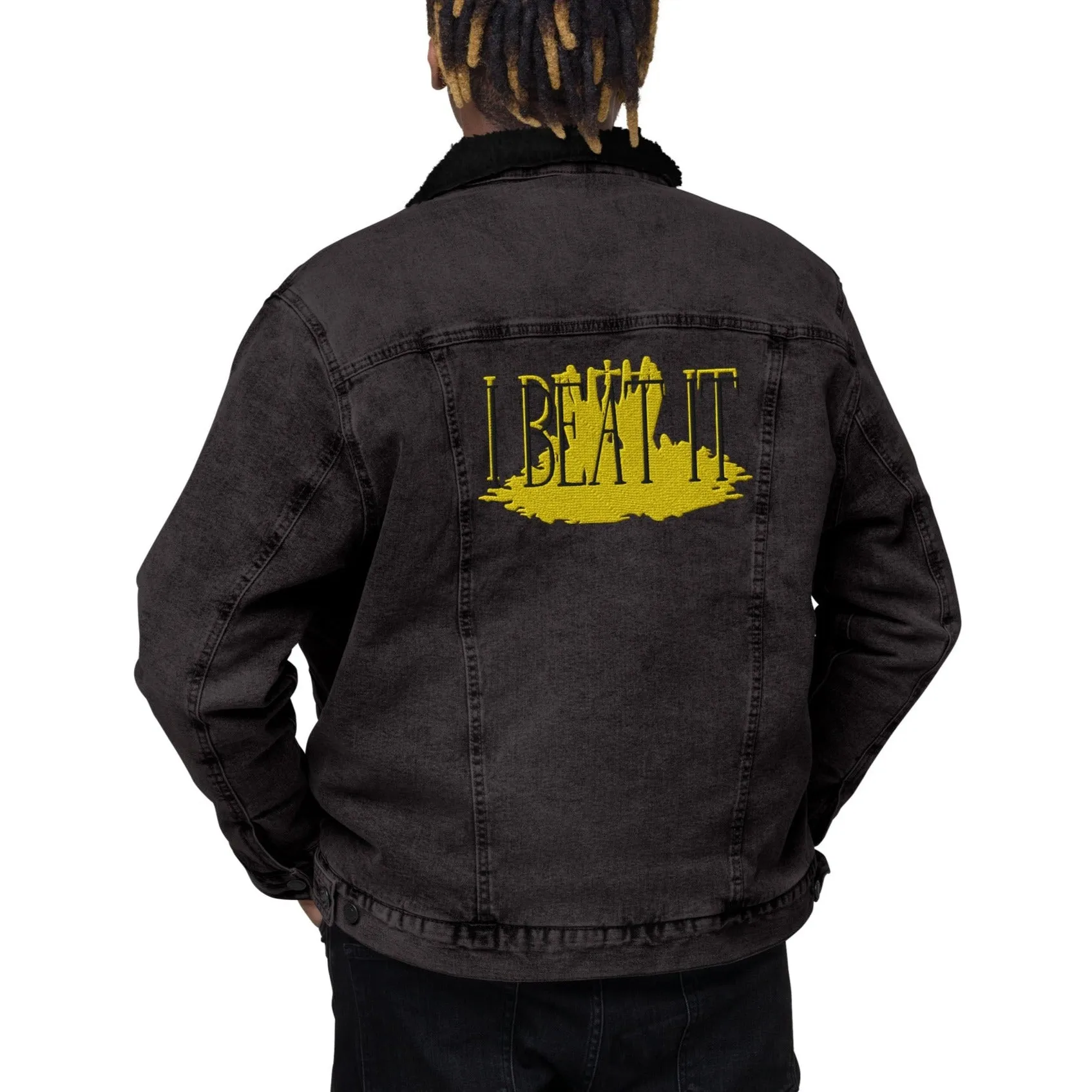 Black denim sherpa jacket- Embroidered "I Beat it" Print