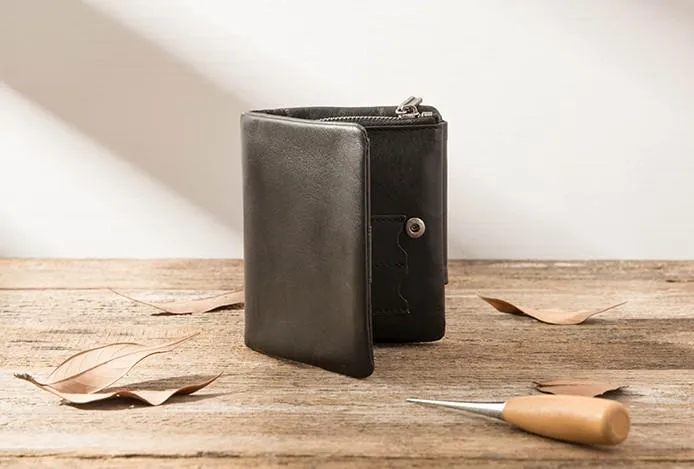 Black Leather Mens Small Wallets Trifold Vintage billfold Wallet for Men