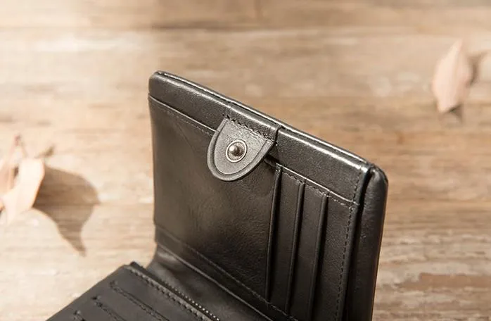 Black Leather Mens Small Wallets Trifold Vintage billfold Wallet for Men