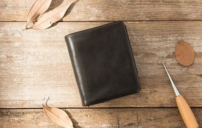 Black Leather Mens Small Wallets Trifold Vintage billfold Wallet for Men