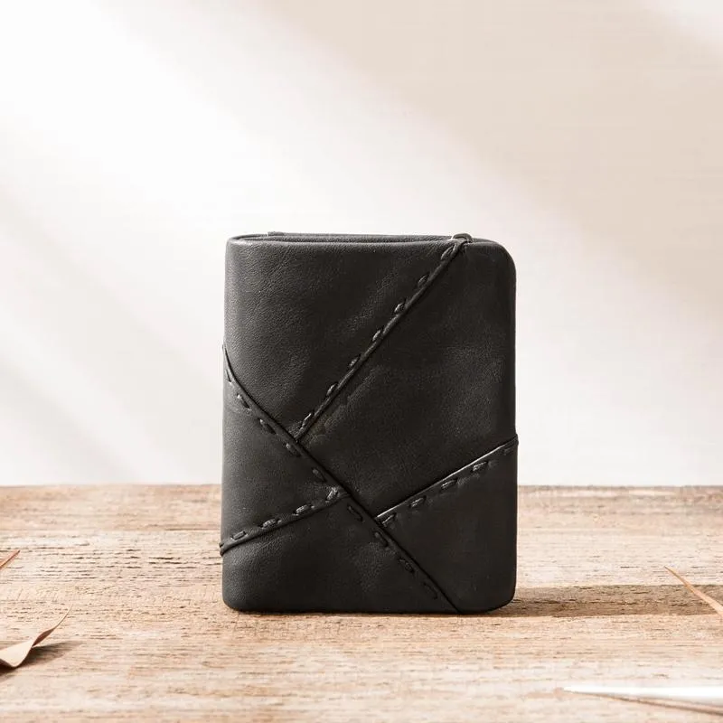 Black Leather Mens Small Wallets Trifold Vintage billfold Wallet for Men