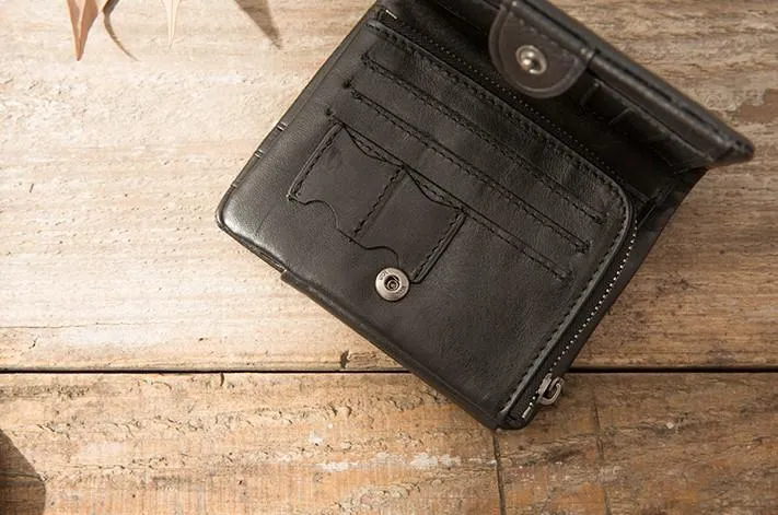 Black Leather Mens Small Wallets Trifold Vintage billfold Wallet for Men