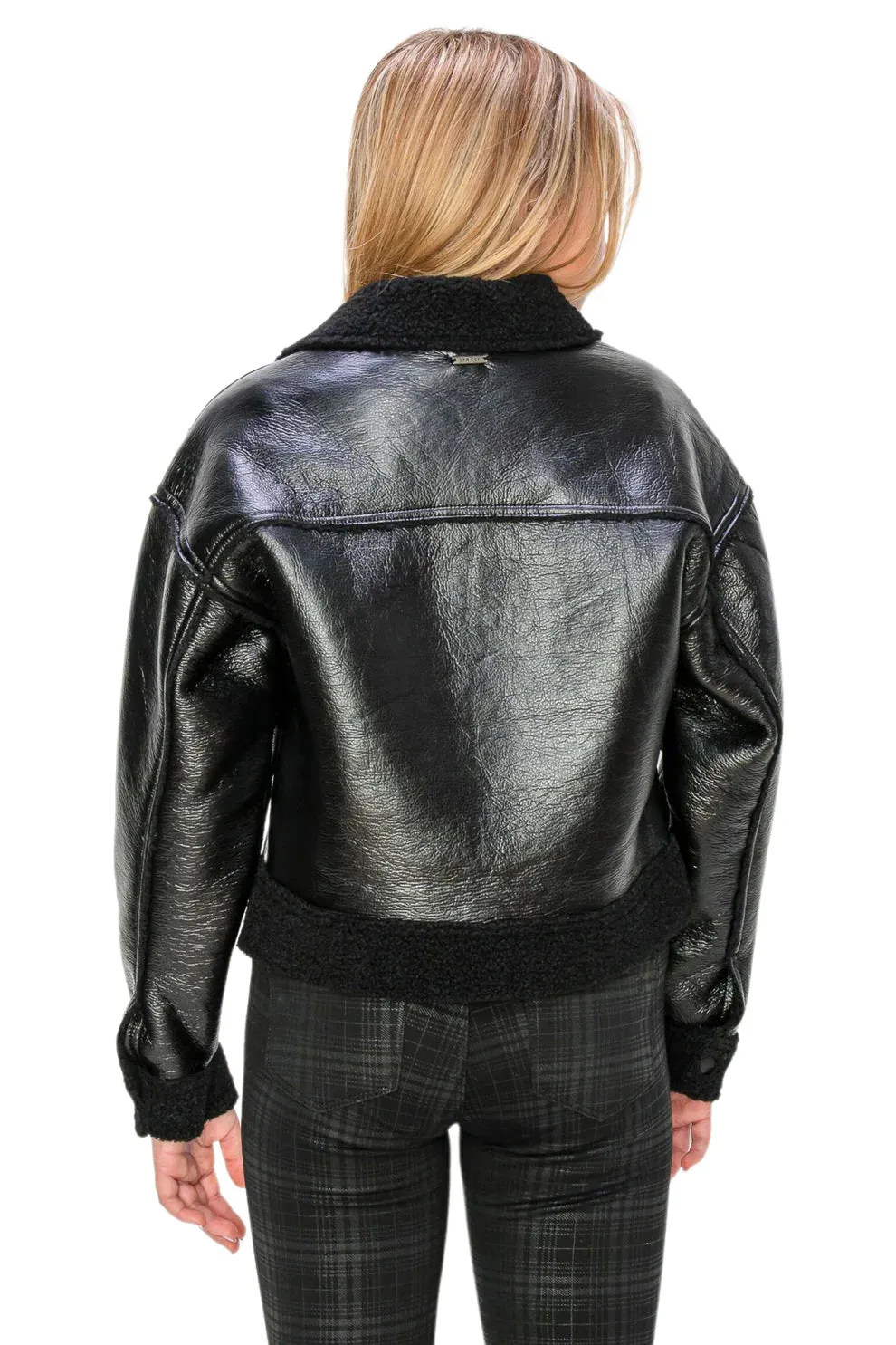 Black Sherpa Lined Faux Leather Crop Jacket