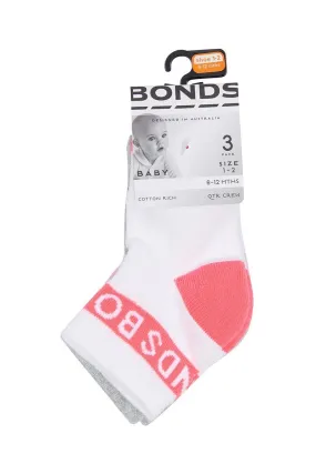 Bonds Baby Active Quarter Crew Socks 3 Pack - White/Pink/Grey