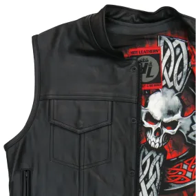 Celtic Cross & Skull Lined Club Style Leather Waistcoat / Cut by Hot Leathers