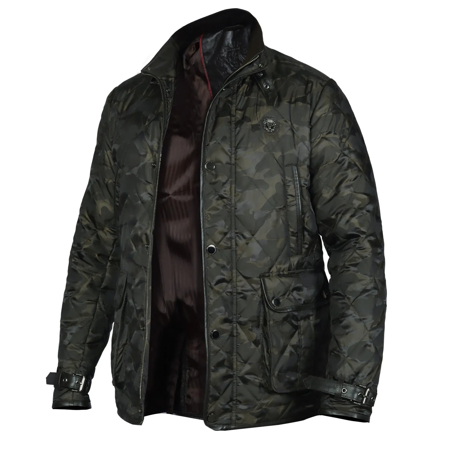 Contrasting Camo Style Puffer Jacket with Dark Brown Leather Trims