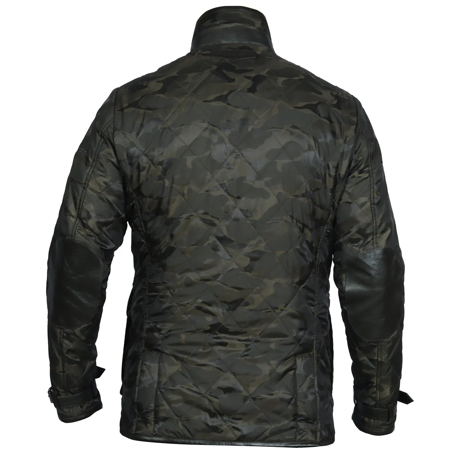 Contrasting Camo Style Puffer Jacket with Dark Brown Leather Trims