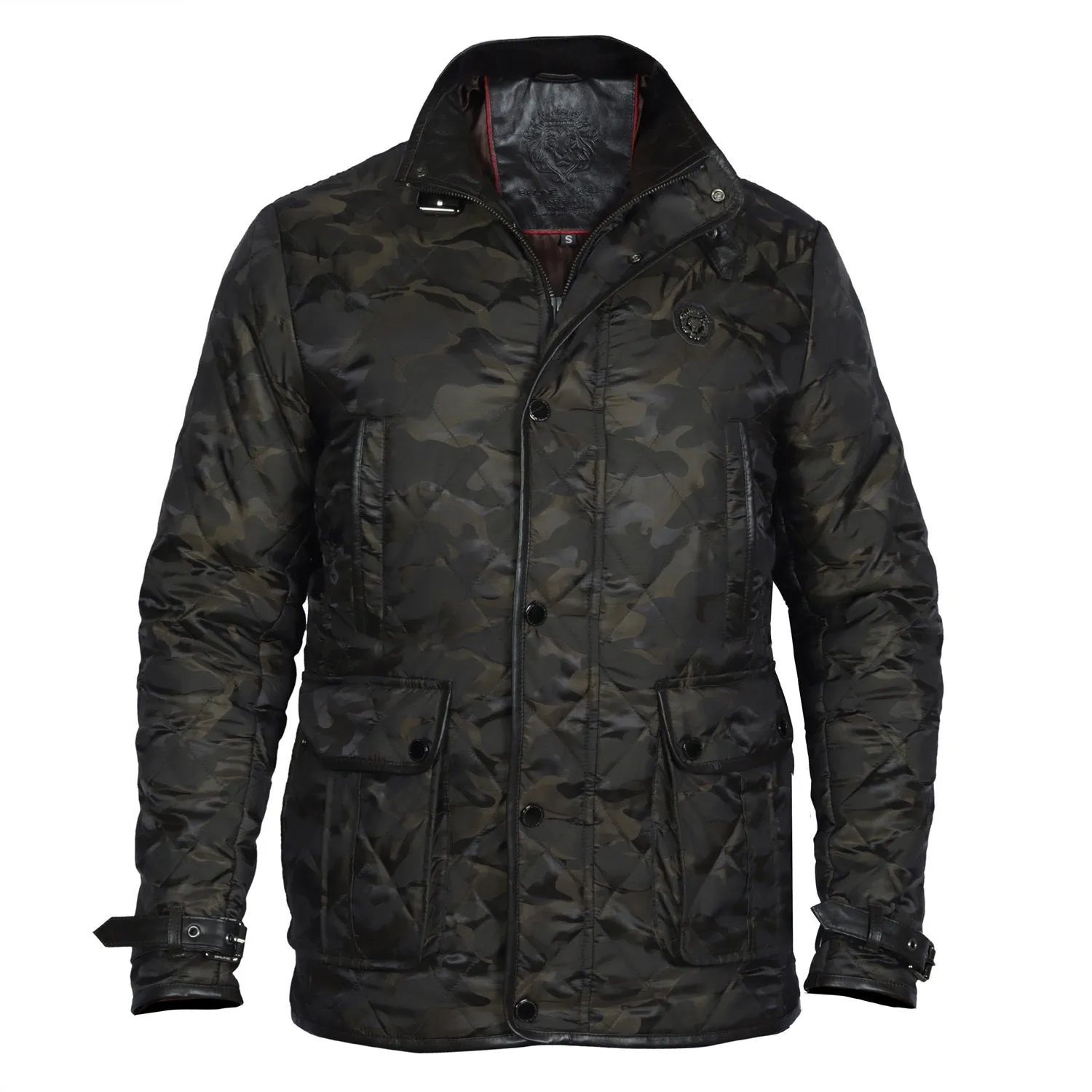 Contrasting Camo Style Puffer Jacket with Dark Brown Leather Trims