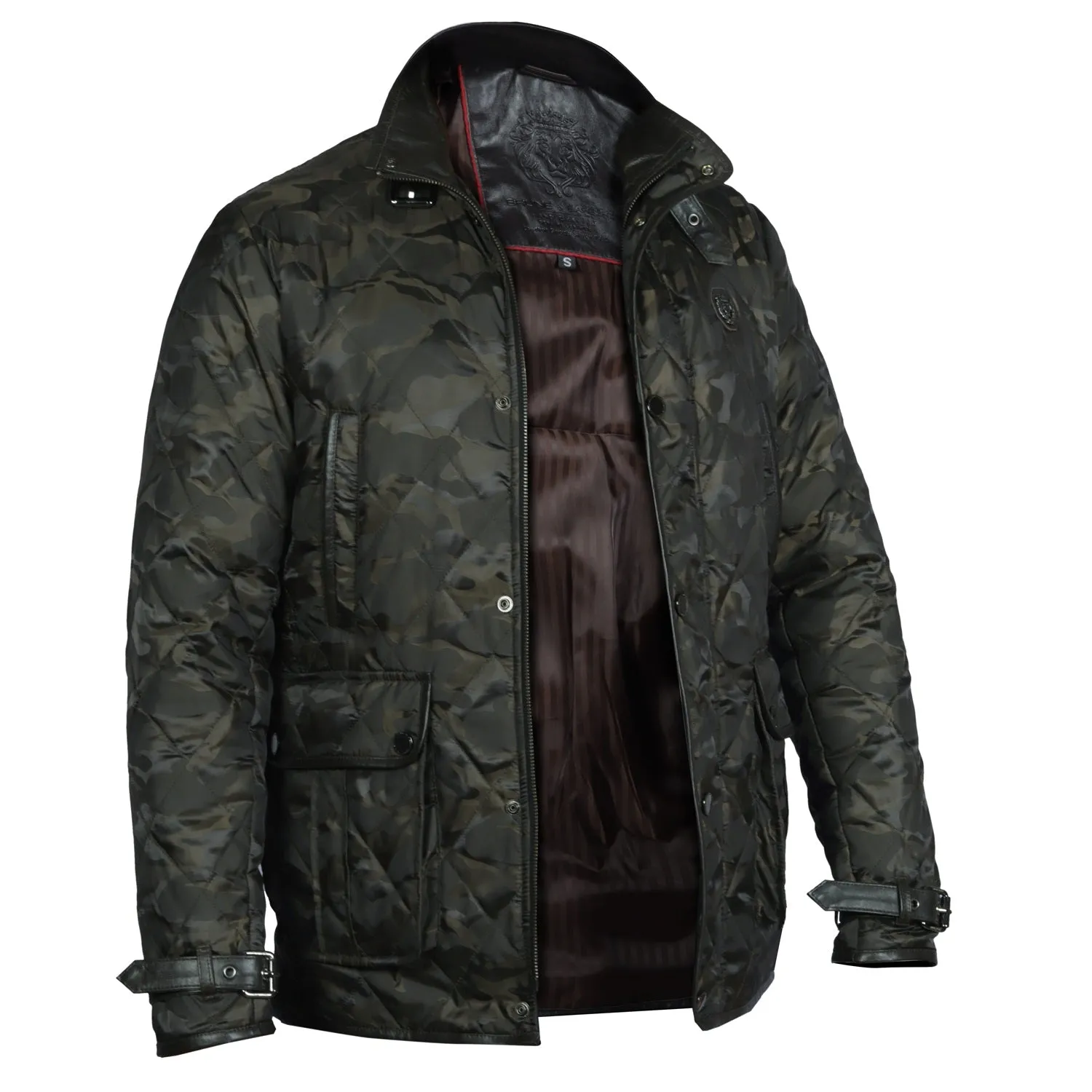 Contrasting Camo Style Puffer Jacket with Dark Brown Leather Trims