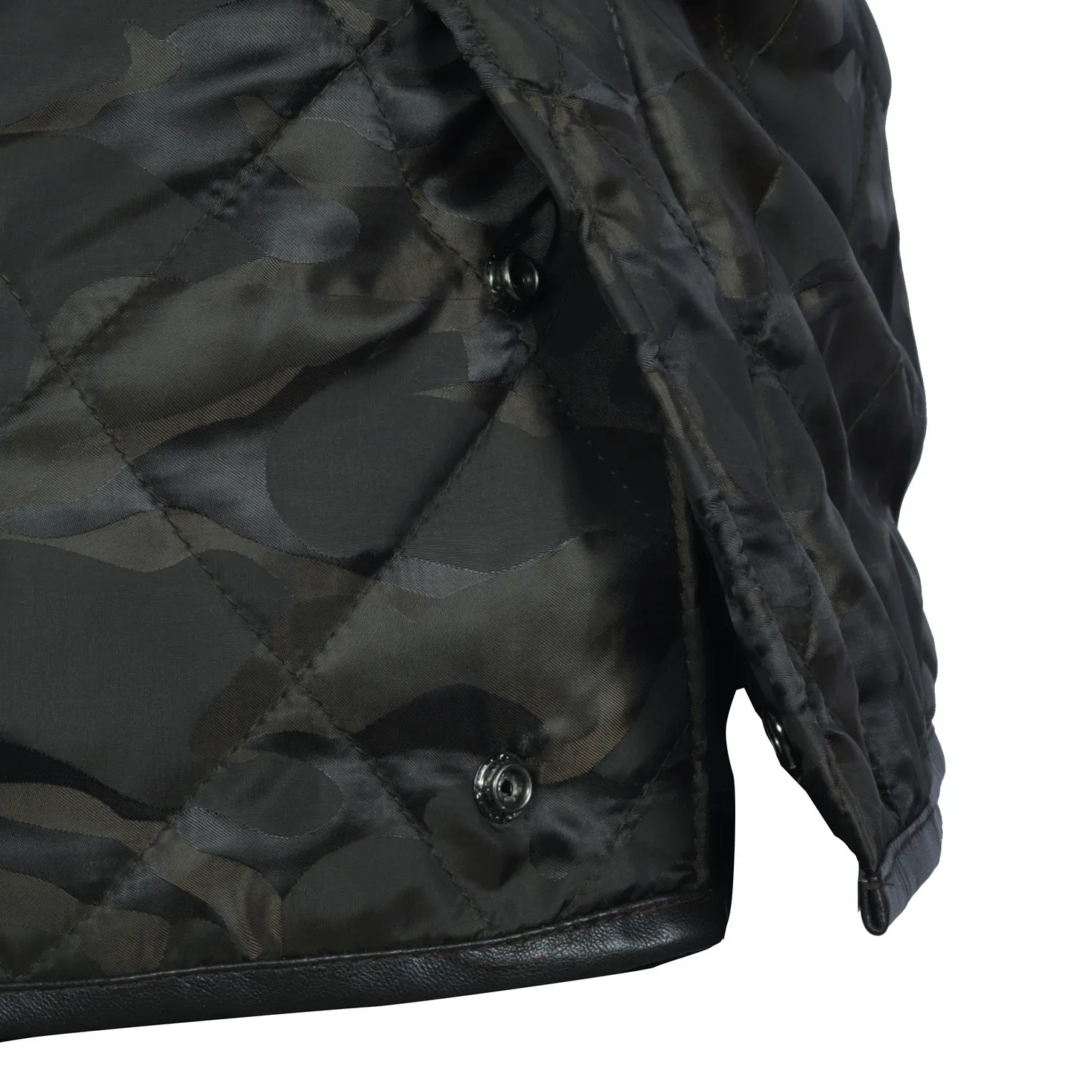 Contrasting Camo Style Puffer Jacket with Dark Brown Leather Trims