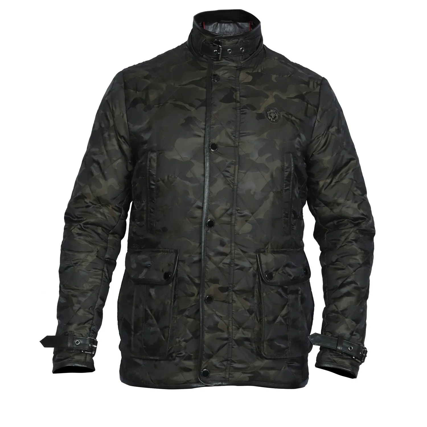 Contrasting Camo Style Puffer Jacket with Dark Brown Leather Trims