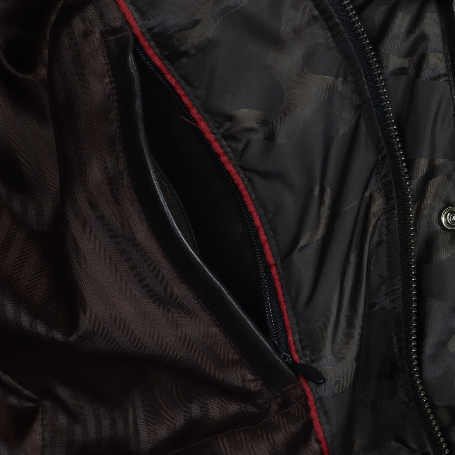 Contrasting Camo Style Puffer Jacket with Dark Brown Leather Trims