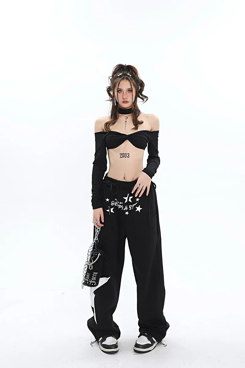 DEEPRAST Graphic Letter Print Solid Color Baggy Loose Straight Leg Pants