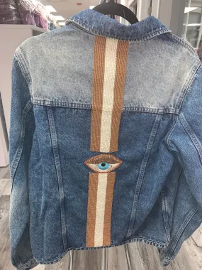 Denim Jacket w/ Hand Beaded Embroidery- Evil Eye