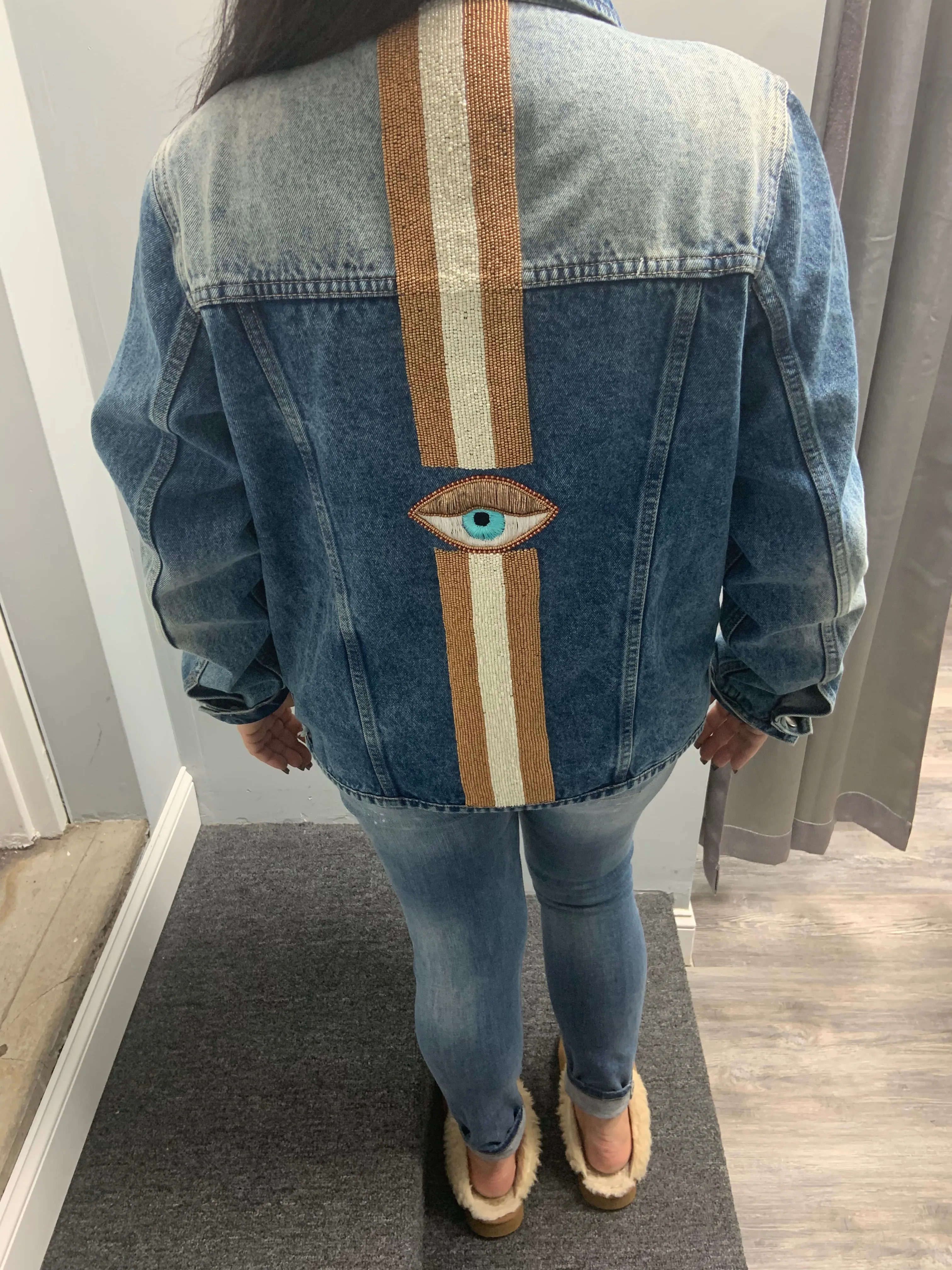 Denim Jacket w/ Hand Beaded Embroidery- Evil Eye