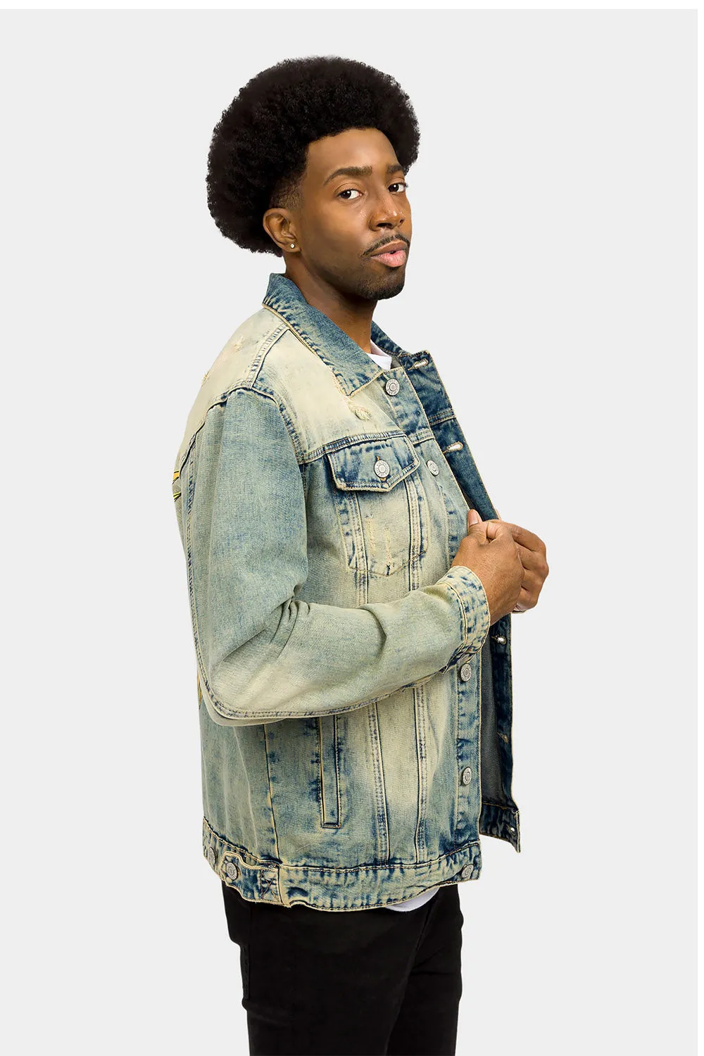 Distressed Lion Print Denim Jacket