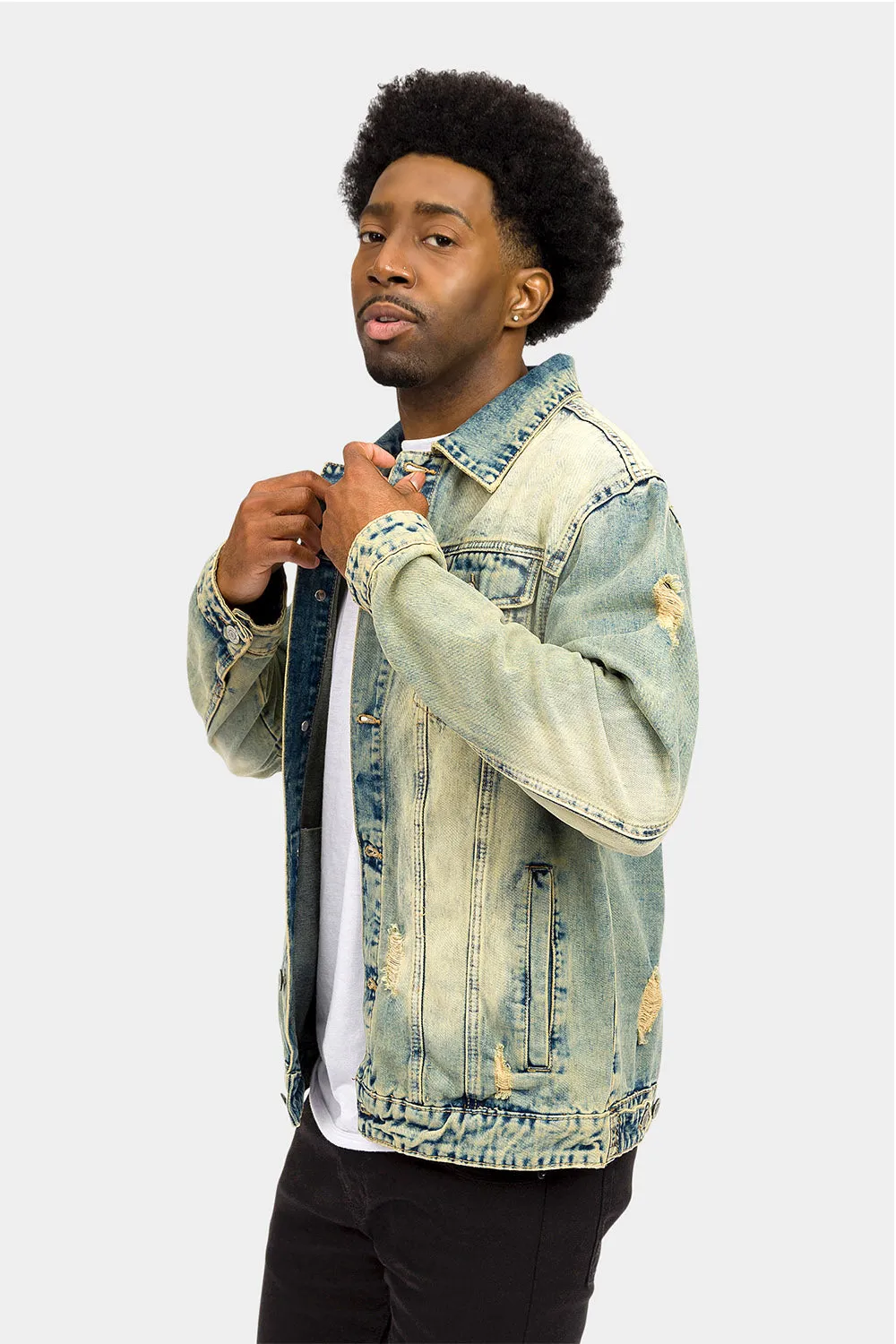 Distressed Lion Print Denim Jacket