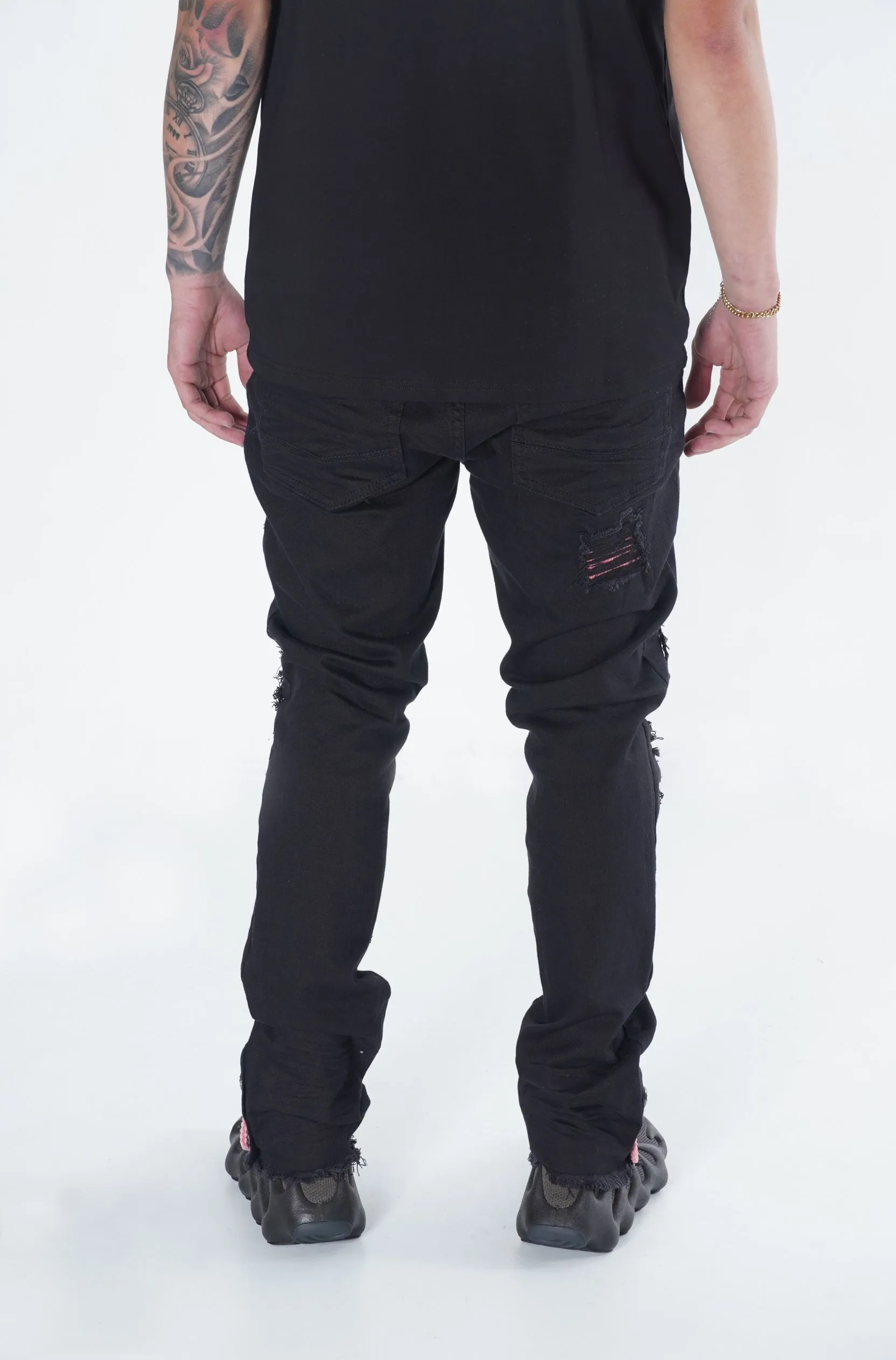 F1745 Shredded jeans w/ Cord Layer - Black