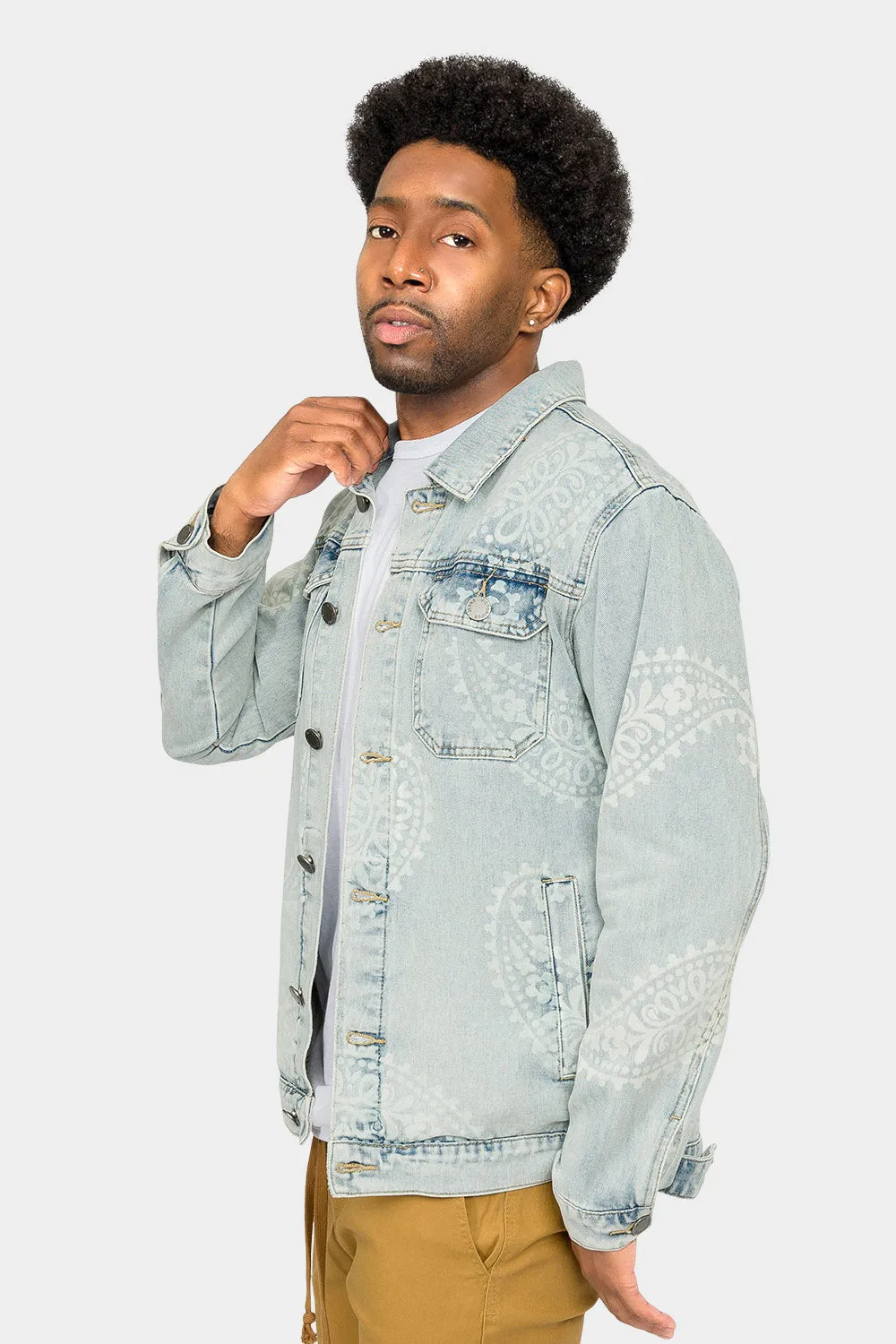 Faded Paisely Print Denim Jacket