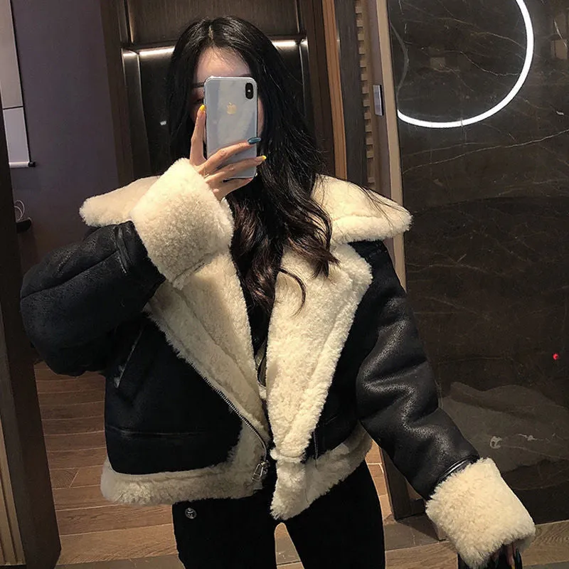 Fashionkova  pop dress to impress Lamb Fur Fur Integrated Motorcycle Clothing Pu Small Leather Jacket Coat for Women Autumn and Winter Fleece-lined Thickened Korean Style Short