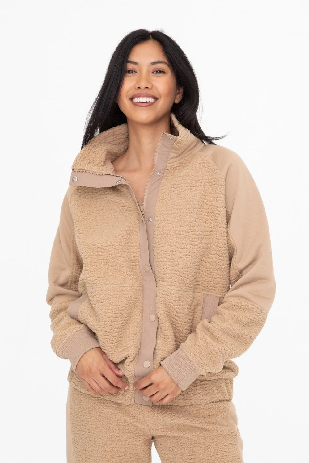 Front Snap Boyfriend Fit Sherpa Jacket