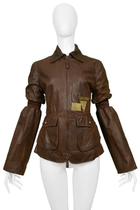 GIANFRANCO FERRE BROWN LEATHER AVIATOR JACKET WITH BRASS HARDWARE