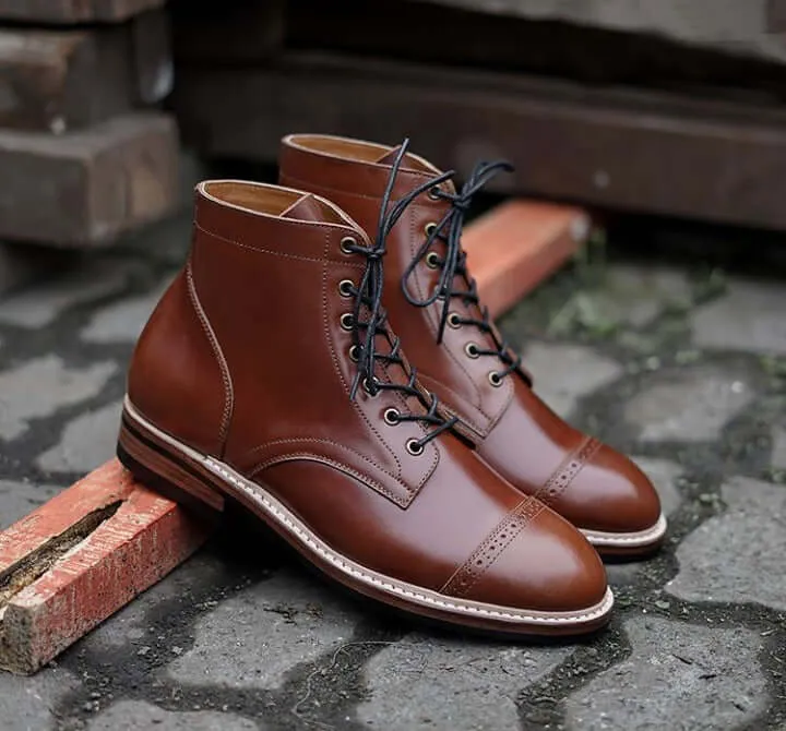 Handmade Men’s Ankle High Leather Boots, Men’s Brown Cap Toe Brogue Lace Up Boots