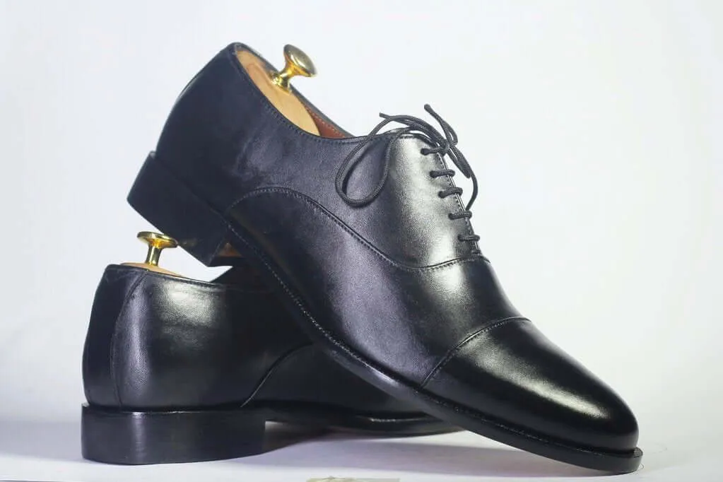 Handmade Men's Black  Cap Toe Leather Lace Up Shoes, Men Designer Dress Formal Luxury Shoes