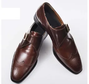 Handmade Men's Brown Wing Tip Brogue Leather Monk Strap Shoes, Men Designer Dress Formal Shoes