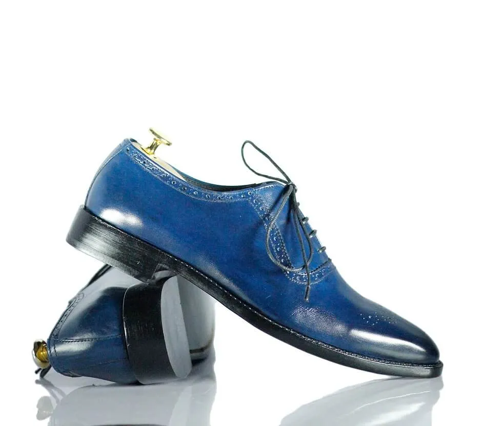 Handmade Men's Navy Blue Leather Brogue Toe Lace Up Shoes, Men Dress Formal Shoes