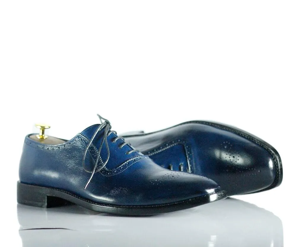 Handmade Men's Navy Blue Leather Brogue Toe Lace Up Shoes, Men Dress Formal Shoes