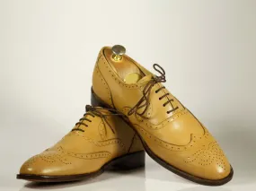 Handmade Men's Sand Color Wing Tip Brogue Leather Lace Up Shoes, Men Designer Dress Formal Shoes