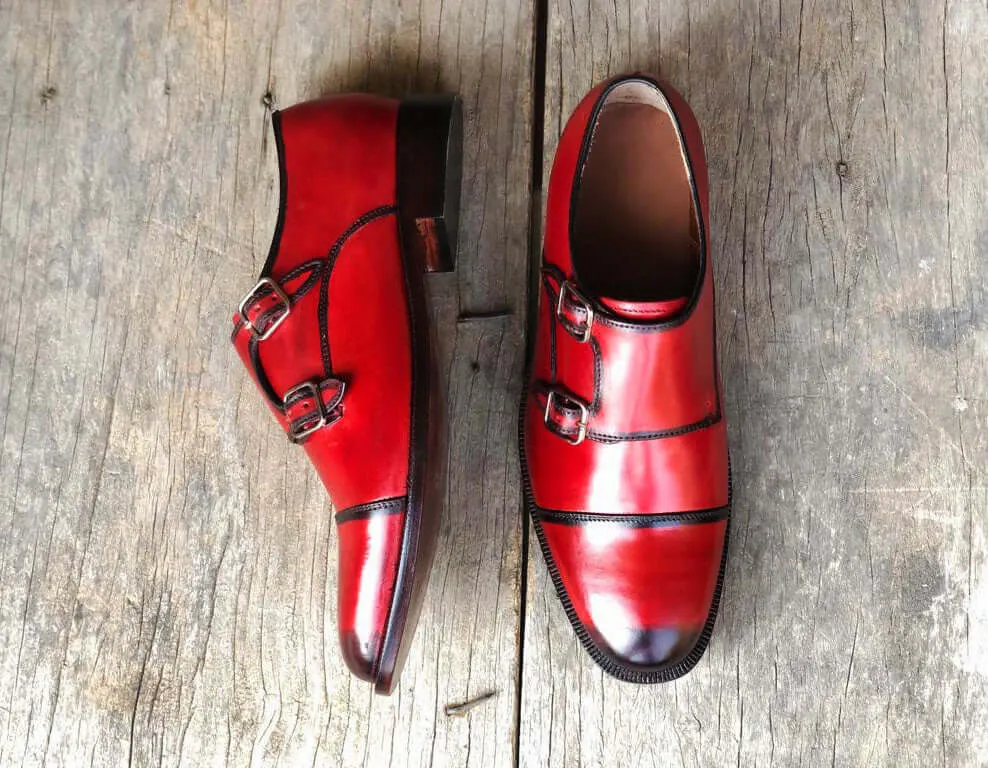 Handmade Men's Two Tone Red Leather Double Monk Strap Shoes, Men Designer Dress Formal Luxury Shoes