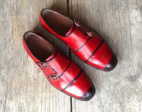 Handmade Men's Two Tone Red Leather Double Monk Strap Shoes, Men Designer Dress Formal Luxury Shoes