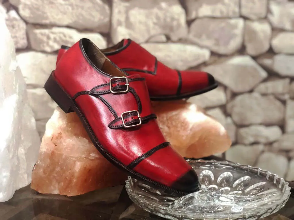 Handmade Men's Two Tone Red Leather Double Monk Strap Shoes, Men Designer Dress Formal Luxury Shoes