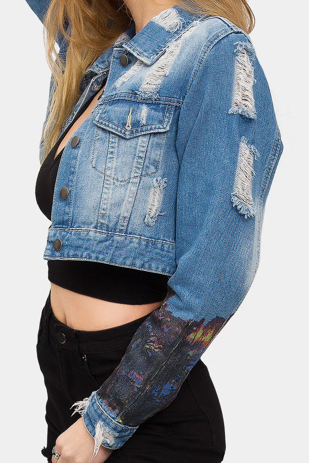 Hollywood Print Cropped Denim Jacket