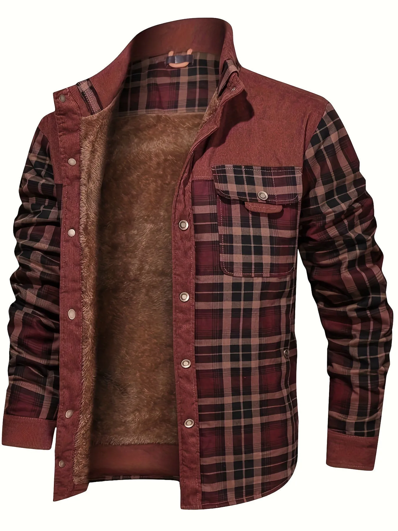 Ilooove - Men's Winter Fleece Padded Lapel Plaid Cotton Jacket